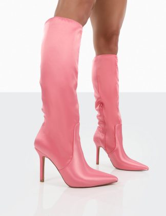 Best Believe Pink Satin Pointed Toe Stiletto Heeled Knee High Boots