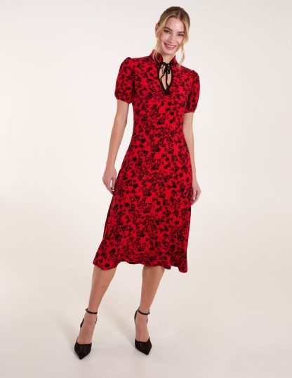 Cheongsam Floral Mandarin Collar Floral Midi Dress - 10 / RED