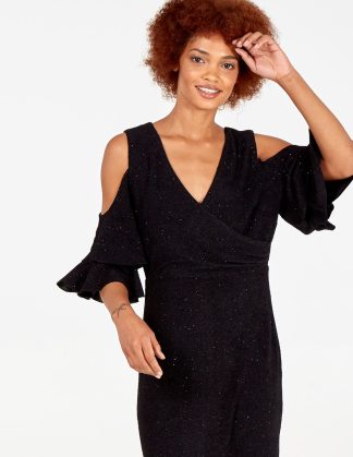 Cold Shoulder Ruffle Sparkle Midi Dress - 8 / BLACK