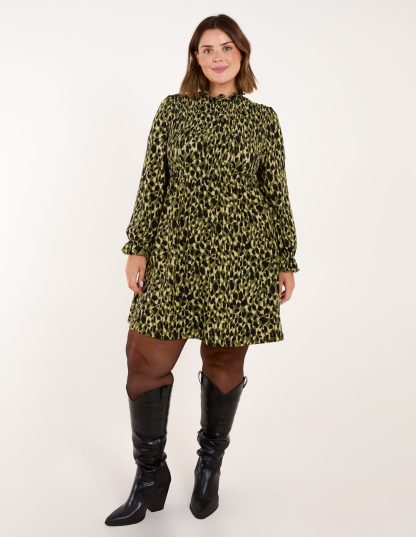 Curve Leopard Print Shirred Trapeze Mini Dress - 18 / GREEN