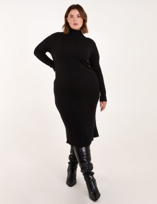 Curve Ribbed Roll Neck Midi Dress - 18/20 / BLACK