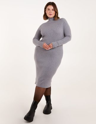 Curve Ribbed Roll Neck Midi Dress - 18/20 / GREY