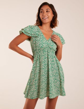 Double Ruffle Empire Shirred Mini Dress - 8 / GREEN PATTERN