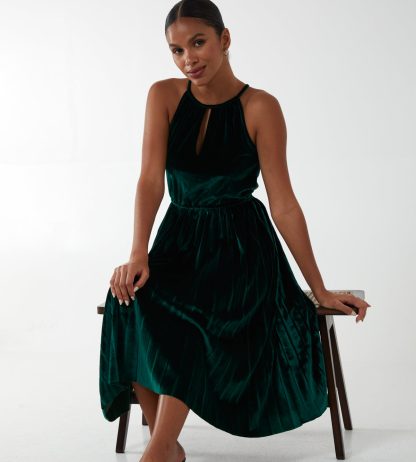 Halter Neck Pleated Velvet Midi Dress - 10 / Bottle Green