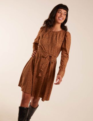 Leopard Print Round Neck Skater Mini Dress - 8 / Camel