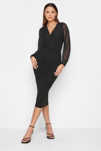 Lts Tall Black Mesh Sleeve Midi Wrap Dress 22-24 Lts | Tall Women's Black Dresses