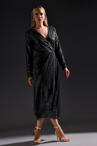 Lts Tall Black Sequin Wrap Midaxi Dress 24 Lts | Tall Women's Party Dresses