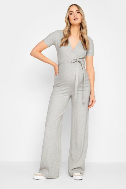 Lts Tall Grey Ribbed Wrap Maternity Jumpsuit 8 Lts | Tall Women's Jumpsuits