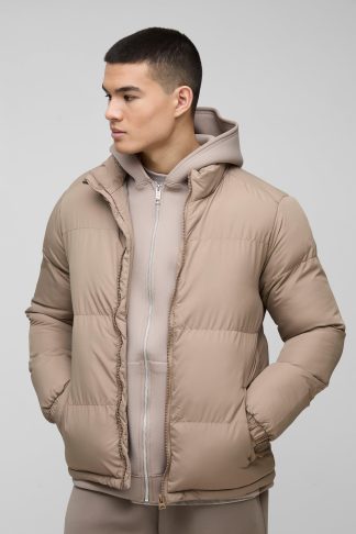 Mens Beige Funnel Neck Puffer Jacket in Stone, Beige