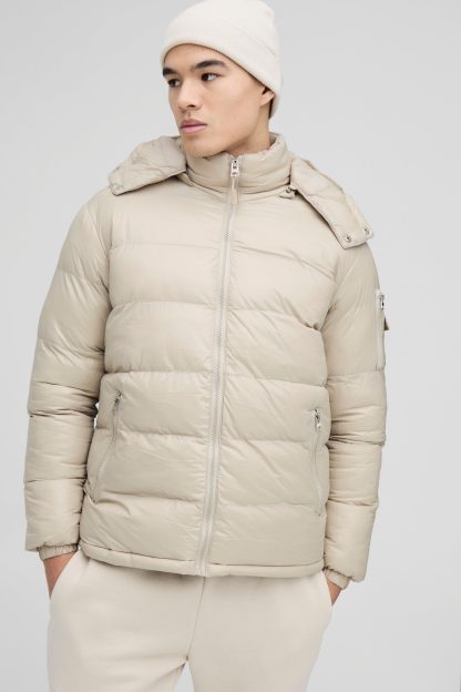 Mens Beige High Shine Padded Puffer Jacket in Stone, Beige