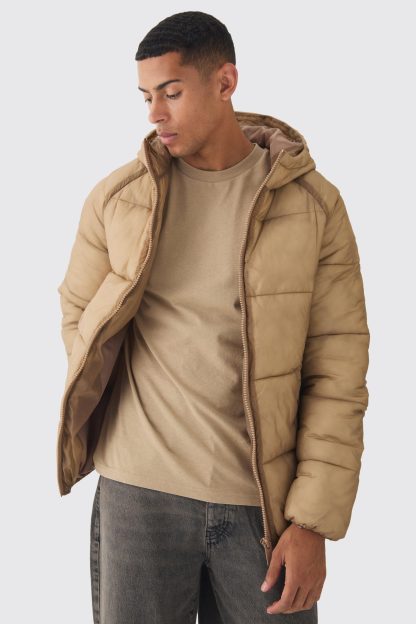 Mens Beige Washed Seam Hooded Puffer Jacket In Camel, Beige