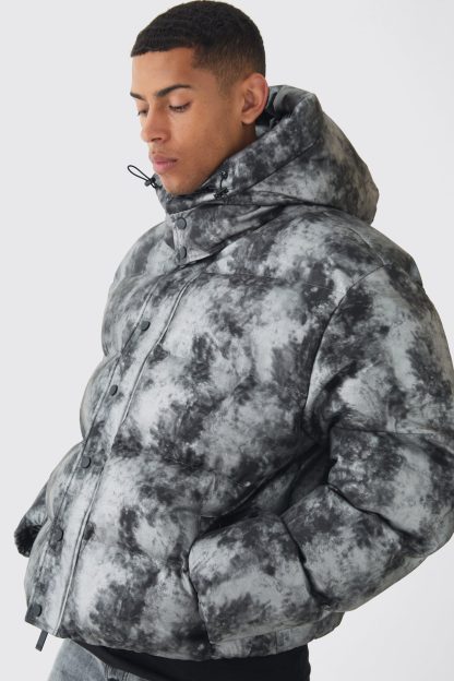 Mens Boxy Washed Hooded Puffer Jacket In Grey, Grey