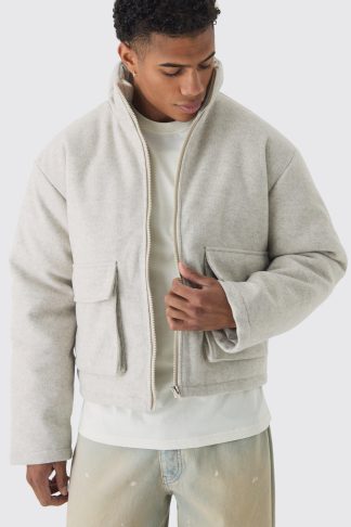 Mens Cream Boxy Melton Funnel Neck Puffer Jacket In Ecru, Cream