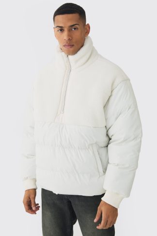 Mens Cream Half Zip Borg And Nylon Funnel Neck Puffer Jacket In Ecru, Cream