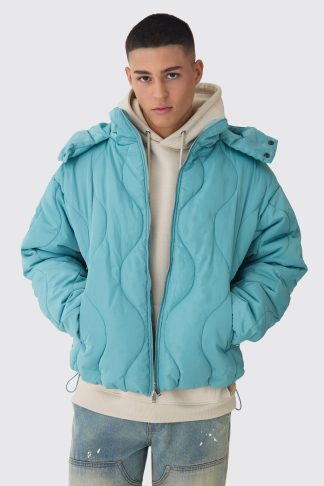 Mens Green Wavy Quilted Hooded Puffer Jacket In Mint, Green