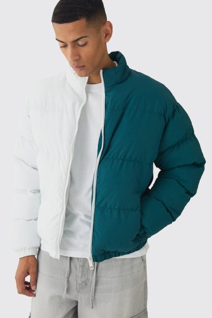 Mens Half And Half Funnel Neck Puffer Jacket In Green, Green