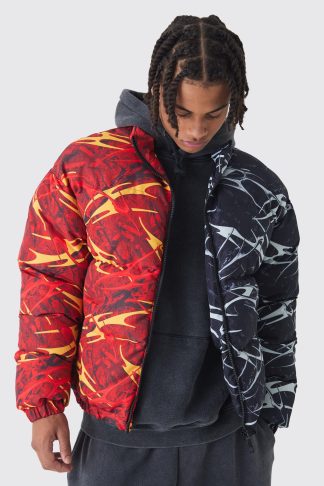 Mens Half And Half Printed Funnel Neck Puffer Jacket In Red, Red