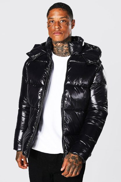 Mens High Shine Puffer Jacket in Black, Black