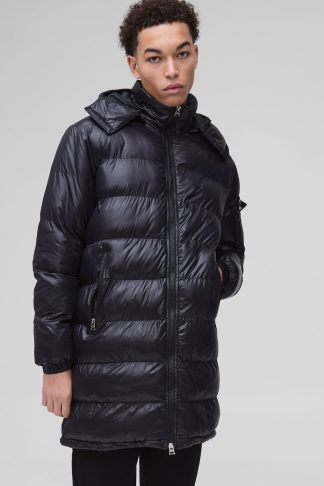 Mens Longline High Shine Hooded Puffer Jacket in Black, Black