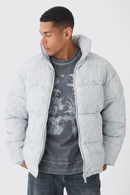 Mens Oversized Crinkle Funnel Neck Puffer Jacket In White, White