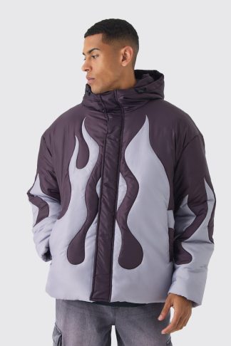 Mens Oversized Flame Quilted Hooded Puffer Jacket In Purple, Purple