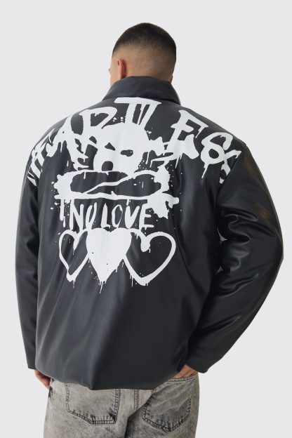 Mens Oversized Heartless Print Pu Puffer Jacket In Black, Black