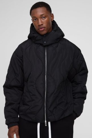 Mens Wavy Quilted Hooded Puffer Jacket In Black, Black