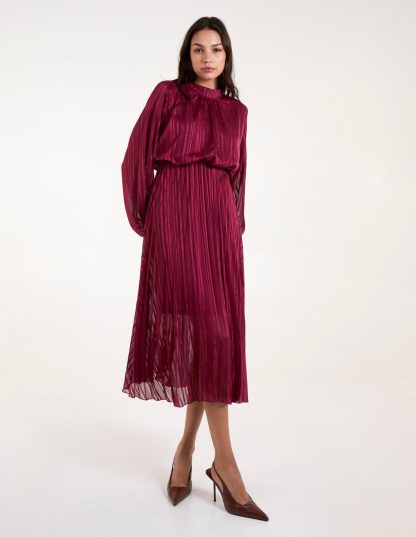 Metallic High Neck Plisse Midi Dress - L / WINE