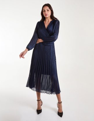 Metallic Wrap Front Plisse Midi Dress - M/L / NAVY