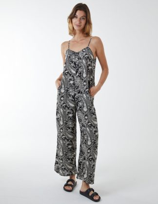 Oversized Paisley Wide Leg Jumpsuit - S / BLACK PATTERN