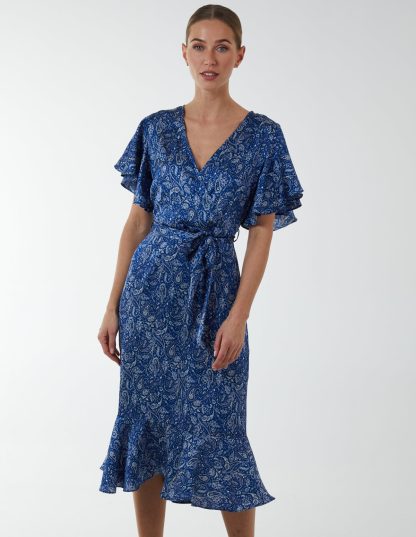 Paisley Wrap Ruffle Tiered Midi Dress - 8 / NAVY