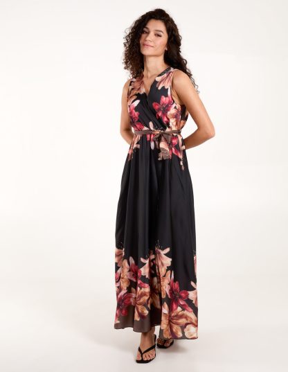 Satin Print Double V Wrap Floral Dress - S/M / BLACK