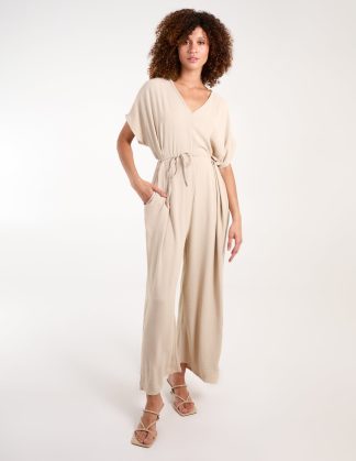 V Neck Straight Leg Relaxed Jumpsuit - ONE / STONE