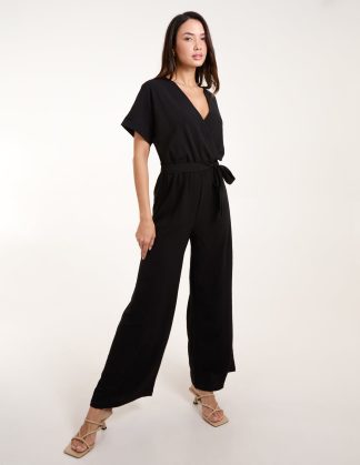 Wrap Belted Jumpsuit - S / BLACK