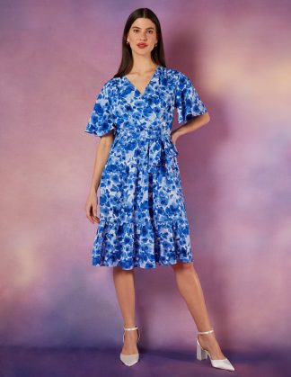 Wrap Front Tier Hem Angel Sleeve Dress - 8 / BLUE