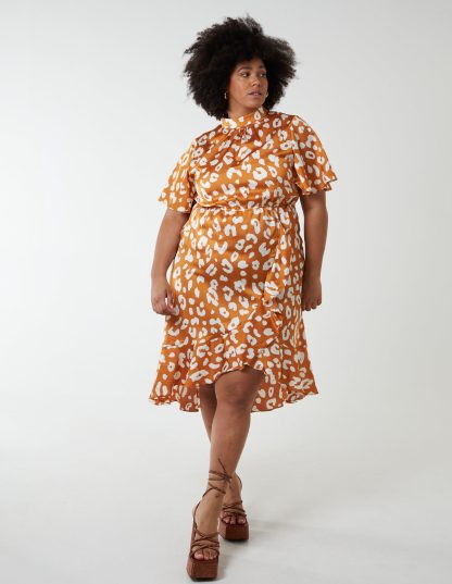 Curve Angel Sleeve Wrap Ruffle Midi Dress - 20 / ORANGE