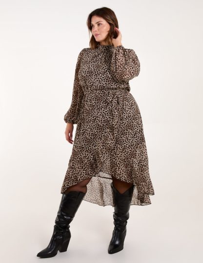 Curve Leopard Print High Neck Wrap Midi Dress - 20 / Tan