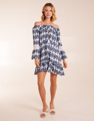 Leaf Print Elasticated Bardot Neck Tunic Dress - S / MULTI