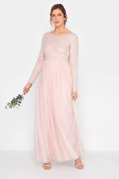 Lts Tall Blush Pink Long Sleeve Sequin Hand Embellished Maxi Dress 24 Lts | Tall Women's Occasion Dresses