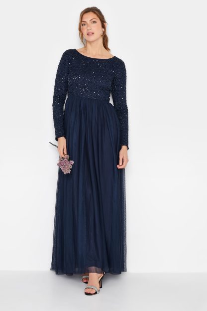 Lts Tall Navy Blue Long Sleeve Sequin Hand Embellished Maxi Dress 28 Lts | Tall Women's Occasion Dresses