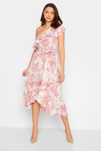 Lts Tall Pink Leaf Print One Shoulder Frill Midi Dress 26-28 Lts | Tall Women's Summer Dresses