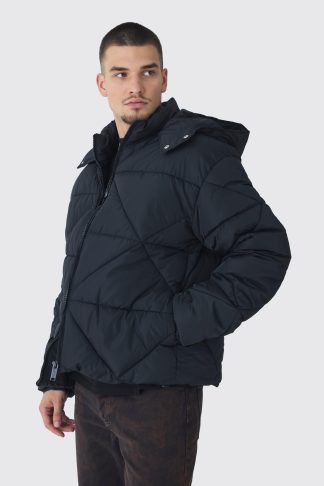 Mens Tall Abstract Quilted Puffer Jacket In Black, Black