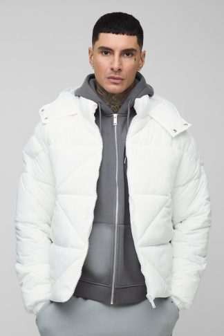 Mens Tall Abstract Quilted Puffer Jacket In White, White