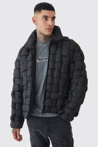 Mens Tall Hand Weft Nylon Puffer Jacket In Black, Black