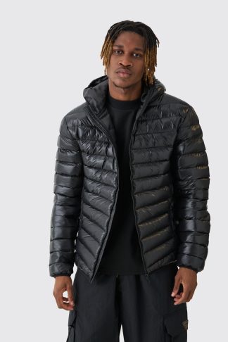 Mens Tall High Shine Hooded Puffer Jacket In Black, Black