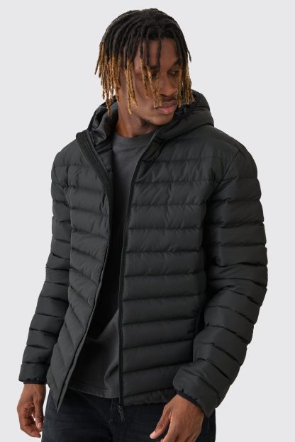 Mens Tall Zip Through Hooded Puffer Jacket In Black, Black