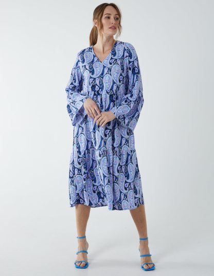 Paisley V Neck Midi Dress - 10 / BLUE