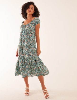 Scoop Neck Milkmaid Midi Dress - 8 / Turquoise