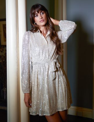 Sequin Shirt Dress - 14 / Champagne