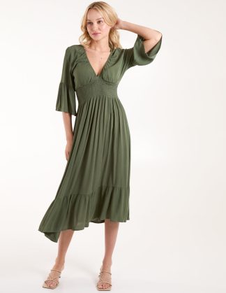 Shirred Empire Bust Dress - S / KHAKI